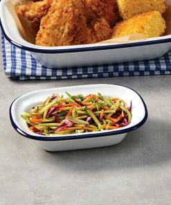 American Metalcraft EWB6 8 Oz. White Rolled Rim Rectangular Bowl With Blue Rim