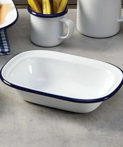 American Metalcraft EWB8 16 Oz. White Rolled Rim Rectangular Bowl With Blue Rim