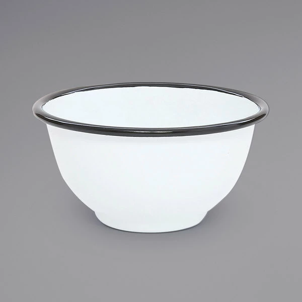 Crow Canyon Home V02BLA Vintage 16 Oz. White Round Enamelware Footed Bowl With Black Rolled Rim - Image 2