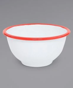 Crow Canyon Home V02RED Vintage 16 Oz. White Round Enamelware Footed Bowl With Red Rolled Rim