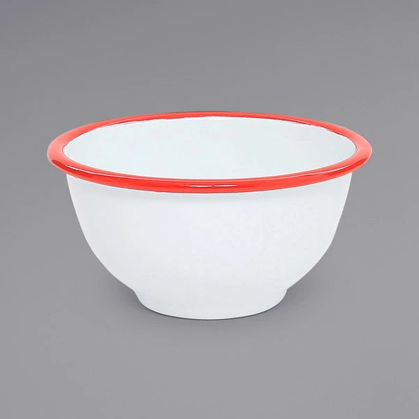 Crow Canyon Home V02RED Vintage 16 Oz. White Round Enamelware Footed Bowl With Red Rolled Rim