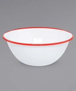 Crow Canyon Home V18RED Vintage 2 Qt. White Round Enamelware Bowl With Red Rolled Rim