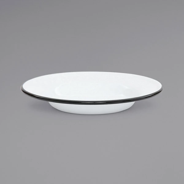 Crow Canyon Home V19BLA Vintage 8" White Wide Rim Enamelware Footed Plate With Black Rolled Rim - Image 3