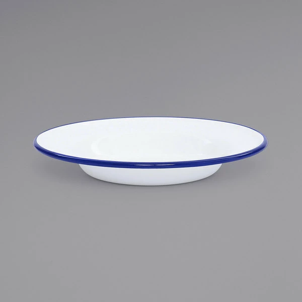 Crow Canyon Home V19BLU Vintage 8" White Wide Rim Enamelware Footed Plate With Blue Rolled Rim - Image 2