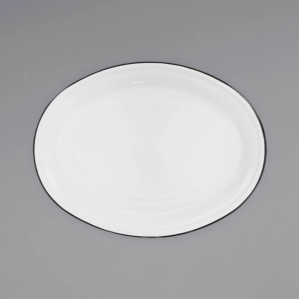 Crow Canyon Home V61BLA Vintage 18" X 13" White Enamelware Oval Platter With Black Rolled Rim - Image 2
