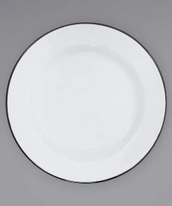 Crow Canyon Home V95BLA Vintage 12" White Wide Rim Enamelware Plate With Black Rolled Rim