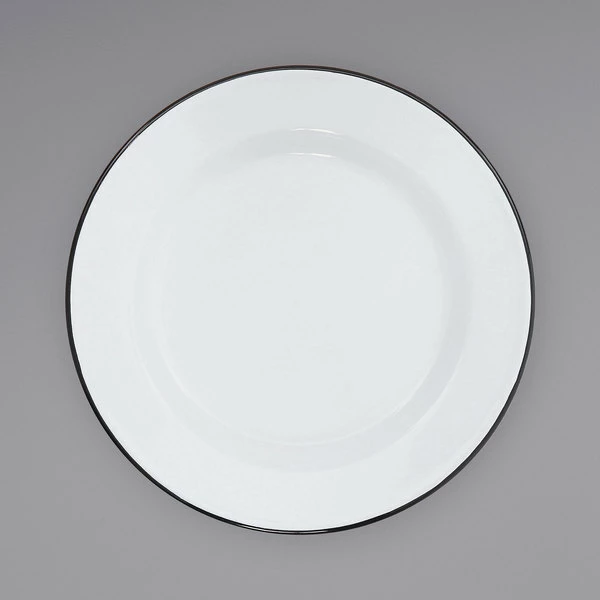 Crow Canyon Home V95BLA Vintage 12" White Wide Rim Enamelware Plate With Black Rolled Rim