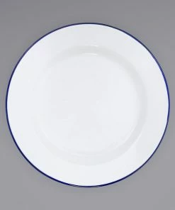 Crow Canyon Home V95BLU Vintage 12" White Wide Rim Enamelware Plate With Blue Rolled Rim