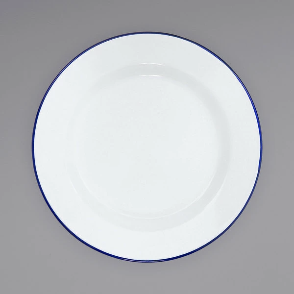 Crow Canyon Home V95BLU Vintage 12" White Wide Rim Enamelware Plate With Blue Rolled Rim