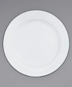 Crow Canyon Home V99GRY Vintage 8" White Wide Rim Enamelware Plate With Grey Rolled Rim