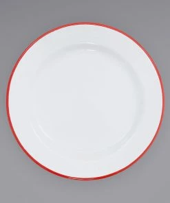 Crow Canyon Home V99RED Vintage 8" White Wide Rim Enamelware Plate With Red Rolled Rim