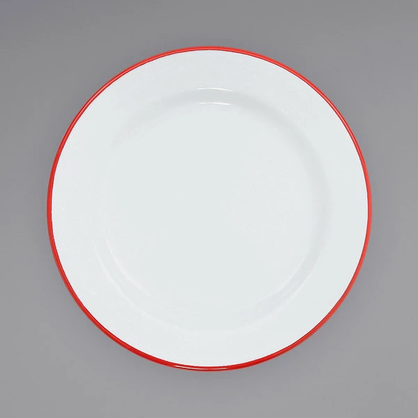 Crow Canyon Home V99RED Vintage 8" White Wide Rim Enamelware Plate With Red Rolled Rim