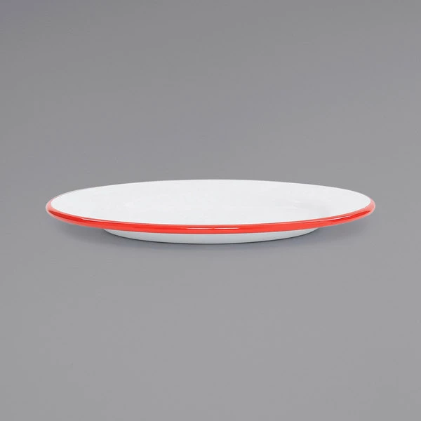 Crow Canyon Home V99RED Vintage 8" White Wide Rim Enamelware Plate With Red Rolled Rim - Image 2
