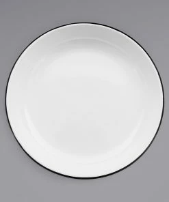 Crow Canyon Home V114BLA Vintage 10 1/2" White Round Enamelware Deep Coupe Pasta Plate With Black Rolled Rim
