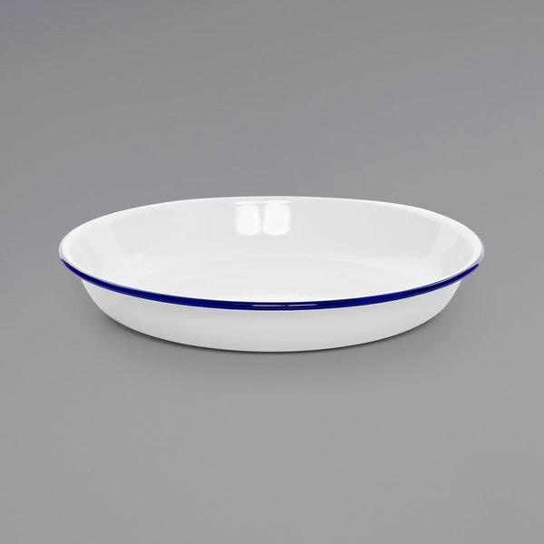Crow Canyon Home V114BLU Vintage 10 1/2" White Round Enamelware Deep Coupe Pasta Plate With Blue Rolled Rim - Image 2