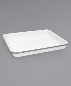 Crow Canyon Home V190GRY Vintage 11 1/4" X 8 3/4" White Rectangular Enamelware Tray With Grey Rolled Rim