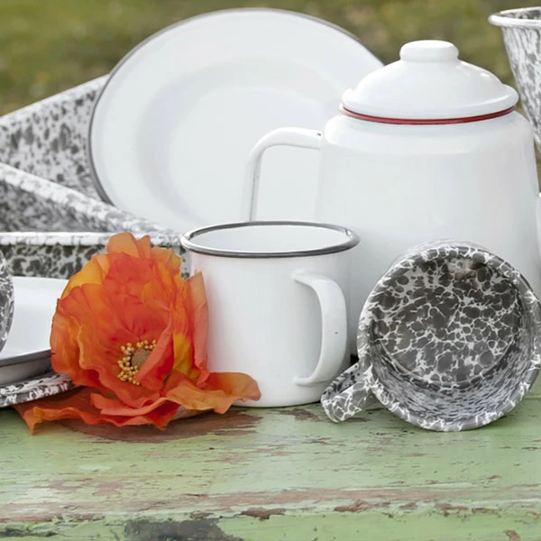 Crow Canyon Home V11GRY Vintage 12 Oz. White Enamelware Mug With Grey Rolled Rim