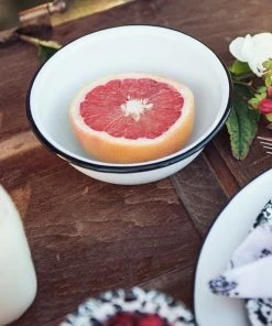 Crow Canyon Home V17BLA Vintage 20 Oz. White Round Enamelware Bowl With Black Rolled Rim