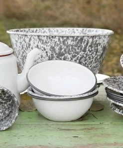 Crow Canyon Home V17GRY Vintage 20 Oz. White Round Enamelware Bowl With Grey Rolled Rim