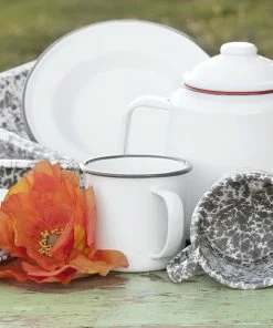 Crow Canyon Home V112GRY Vintage 16 Oz. White Enamelware Mug With Grey Rolled Rim