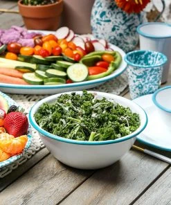 Crow Canyon Home V23TUR Vintage 4 Qt. White Round Enamelware Footed Bowl With Turquoise Rolled Rim