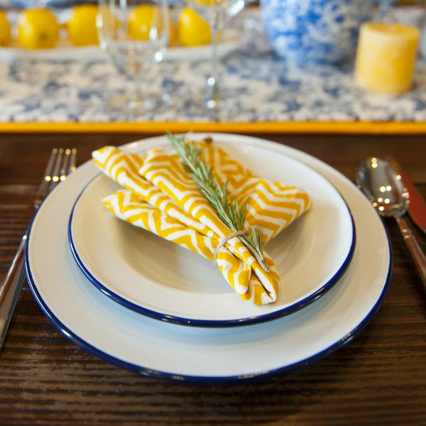 Crow Canyon Home V95BLU Vintage 12" White Wide Rim Enamelware Plate With Blue Rolled Rim - Image 2