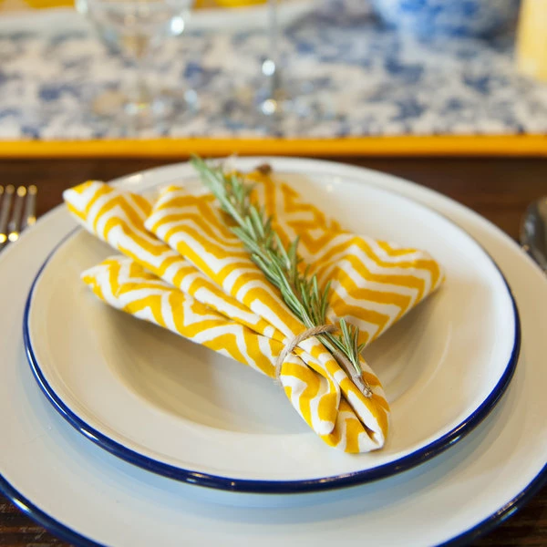 Crow Canyon Home V99BLU Vintage 8" White Wide Rim Enamelware Plate With Blue Rolled Rim