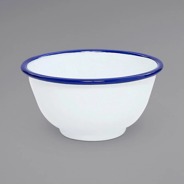 Crow Canyon Home V02BLU Vintage 16 Oz. White Round Enamelware Footed Bowl With Blue Rolled Rim - Image 2