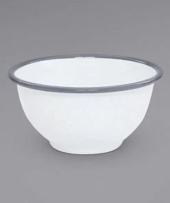 Crow Canyon Home V02GRY Vintage 16 Oz. White Round Enamelware Footed Bowl With Grey Rolled Rim