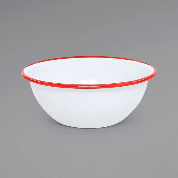Crow Canyon Home V17RED Vintage 20 Oz. White Round Enamelware Bowl With Red Rolled Rim - Image 2