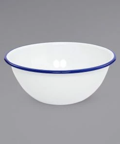 Crow Canyon Home V18BLU Vintage 2 Qt. White Round Enamelware Bowl With Blue Rolled Rim