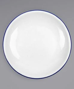 Crow Canyon Home V123BLU Vintage 8" White Coupe Enamelware Plate With Blue Rolled Rim