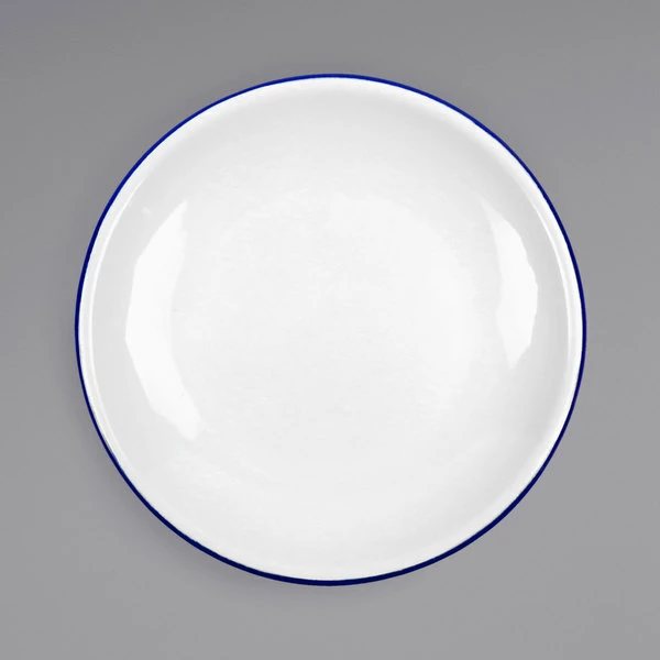Crow Canyon Home V123BLU Vintage 8" White Coupe Enamelware Plate With Blue Rolled Rim