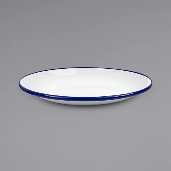Crow Canyon Home V123BLU Vintage 8" White Coupe Enamelware Plate With Blue Rolled Rim - Image 2
