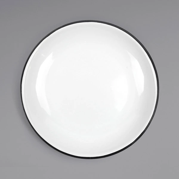 Crow Canyon Home V124BLA Vintage 10 1/2" White Coupe Enamelware Plate With Black Rolled Rim