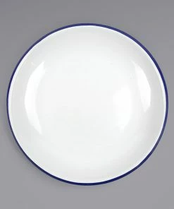 Crow Canyon Home V124BLU Vintage 10 1/2" White Coupe Enamelware Plate With Blue Rolled Rim