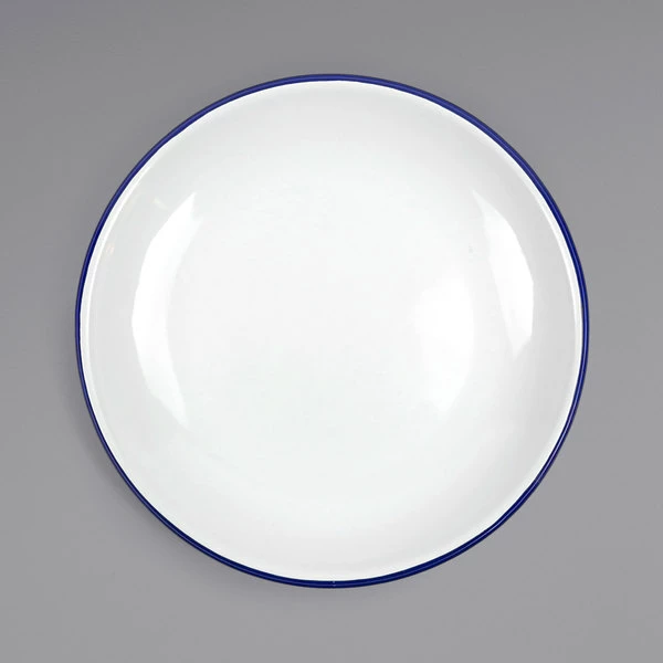 Crow Canyon Home V124BLU Vintage 10 1/2" White Coupe Enamelware Plate With Blue Rolled Rim