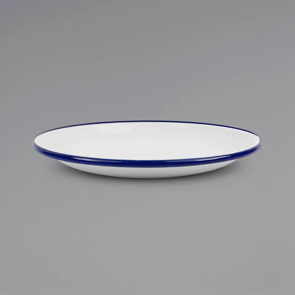 Crow Canyon Home V124BLU Vintage 10 1/2" White Coupe Enamelware Plate With Blue Rolled Rim - Image 2