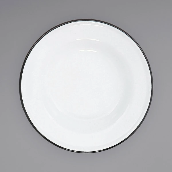 Crow Canyon Home V19BLA Vintage 8" White Wide Rim Enamelware Footed Plate With Black Rolled Rim - Image 2