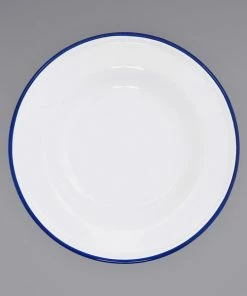 Crow Canyon Home V19BLU Vintage 8" White Wide Rim Enamelware Footed Plate With Blue Rolled Rim