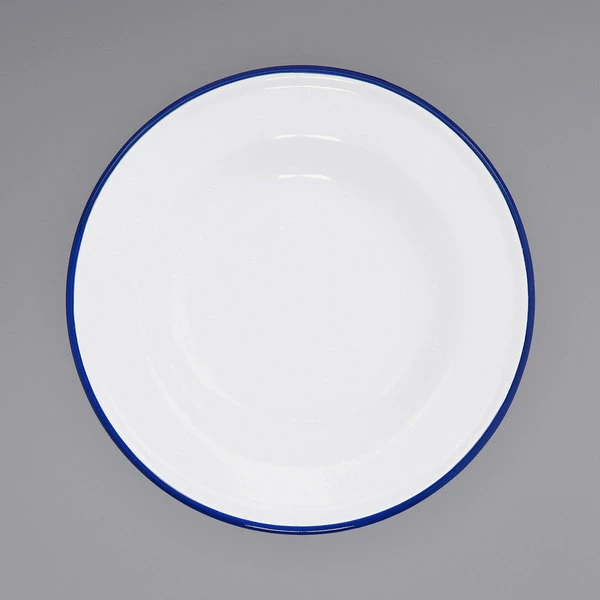 Crow Canyon Home V19BLU Vintage 8" White Wide Rim Enamelware Footed Plate With Blue Rolled Rim