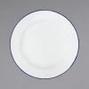 Crow Canyon Home V20BLU Vintage 10 1/4" White Wide Rim Enamelware Footed Plate With Blue Rolled Rim