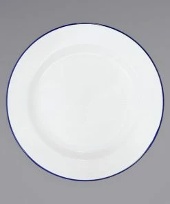 Crow Canyon Home V20BLU Vintage 10 1/4" White Wide Rim Enamelware Footed Plate With Blue Rolled Rim