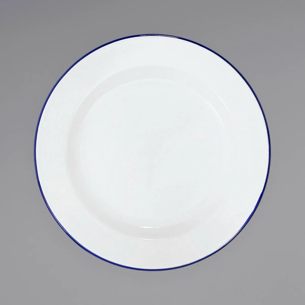 Crow Canyon Home V20BLU Vintage 10 1/4" White Wide Rim Enamelware Footed Plate With Blue Rolled Rim