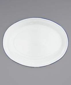 Crow Canyon Home V61BLU Vintage 18" X 13" White Enamelware Oval Platter With Blue Rolled Rim