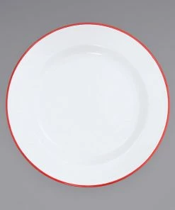 Crow Canyon Home V20RED Vintage 10 1/4" White Wide Rim Enamelware Footed Plate With Red Rolled Rim