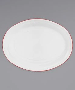 Crow Canyon Home V61RED Vintage 18" X 13" White Enamelware Oval Platter With Red Rolled Rim