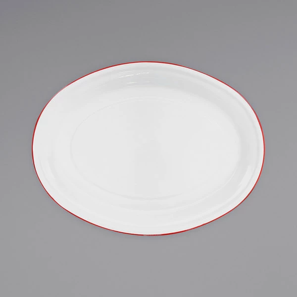 Crow Canyon Home V61RED Vintage 18" X 13" White Enamelware Oval Platter With Red Rolled Rim