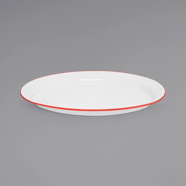 Crow Canyon Home V61RED Vintage 18" X 13" White Enamelware Oval Platter With Red Rolled Rim - Image 2