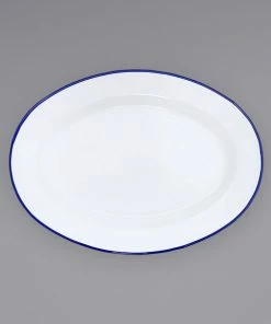 Crow Canyon Home V94BLU Vintage 11 7/8" X 8 11/16" White Enamelware Oval Plate With Blue Rolled Rim
